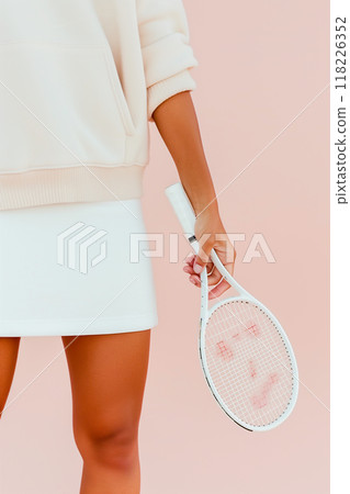 A woman is holding a tennis racket and wearing a white skirt 118226352