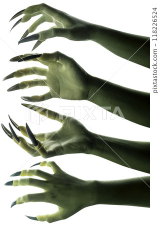 Set of witches hands. The color is green. Evil, zombie, or monster hand 118226524