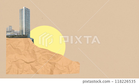 A city skyline with a yellow sun in the background A city skyline with a yellow sun in the background 118226535