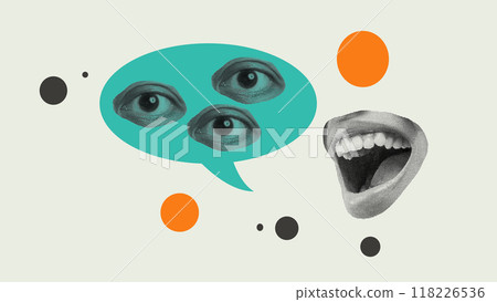 Three eyes on a speech bubble with a human mouth Three eyes on a speech bubble with a human mouth 118226536