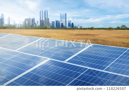 A solar panel is shown on a clear blue sky A solar panel is shown on a clear blue sky 118226587