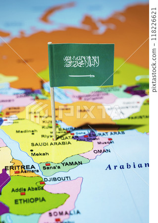 A map of the Middle East with a Saudi Arabia flag on it A map of the Middle East with a Saudi Arabia flag on it 118226621
