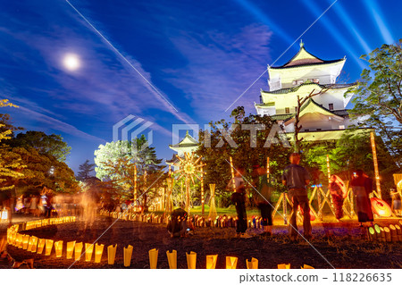 Iga City, Mie Prefecture: Lights lined up around the castle tower and Honmaru during the summer light-up event at Iga Ueno Castle Iga City, Mie Prefecture: Lights lined up around the castle tower and Honmaru during the summer light-up event at Iga Ueno Castle 118226635