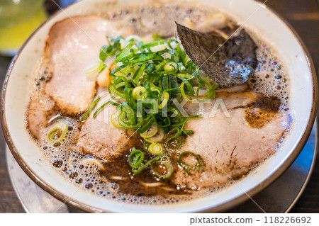 Spicy tonkotsu yobimodoshi ramen with block fried onion oil, Kurume ramen, Fukuoka, Japan Spicy tonkotsu yobimodoshi ramen with block fried onion oil, Kurume ramen, Fukuoka, Japan 118226692