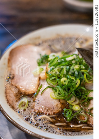 Spicy tonkotsu yobimodoshi ramen with block fried onion oil, Kurume ramen, Fukuoka, Japan Spicy tonkotsu yobimodoshi ramen with block fried onion oil, Kurume ramen, Fukuoka, Japan 118226693