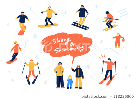 Illustration set of people enjoying skiing and snowboarding 118226800