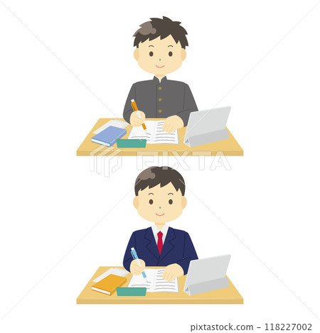 一個男孩一邊使用平板電腦一邊學習 118227002