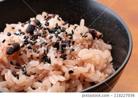 Close-up of red rice topped with sesame and salt Close-up of red rice topped with sesame and salt 118227036