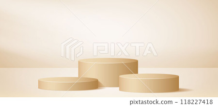 Three podium background in light beige color. Studio 3d platform stage concept. Soft brown cylinder pedestal scene for poster, banner, mockup design, product template, showcase display. Vector 118227418