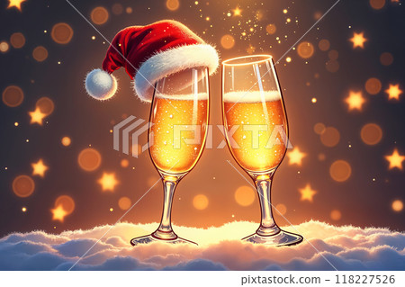 Two glasses of champagne with a red Santa hat on top. 118227526