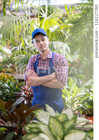 Young male seller with dieffenbachia in store 118227760