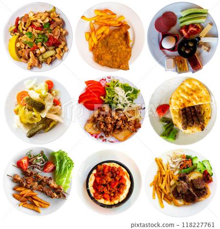 Set of different national dishes of Turkish cuisine on white background 118227761