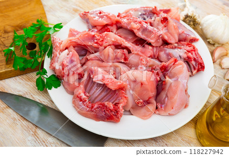 Top of view raw minced rabbit meat with herbs and spices 118227942