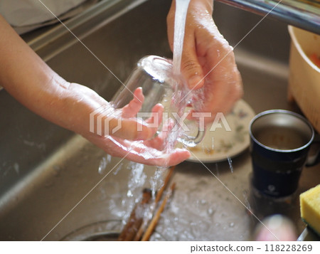 Washing dishes in the kitchen 118228269