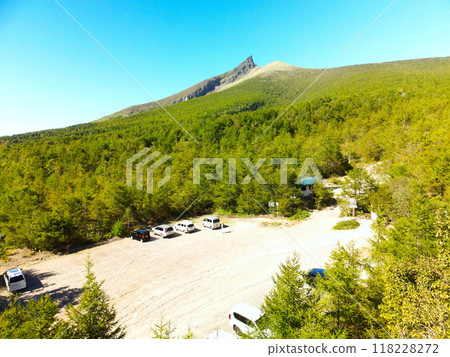 Aerial view of the Komagatake hiking trail fifth station parking lot in Mori Town, Hokkaido in early autumn 118228272