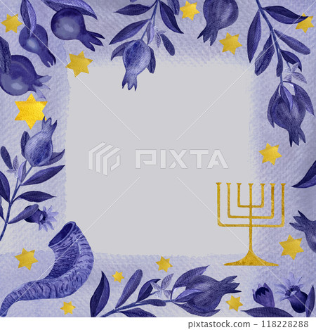 Rosh Hashanah, Hanukkah watercolor square frame on grey background. Menorah and pomegranates star shofar blue and gold art isolated on white. Dark blue gold great for cards, posters. Jewish tradition Rosh Hashanah, Hanukkah watercolor square frame on grey background. Menorah and pomegranates star shofar blue and gold art isolated on white. Dark blue gold great for cards, posters. Jewish tradition 118228288