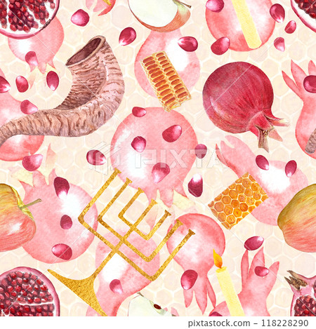 Rosh Hashanah, Yom Kippur hand painted watercolor seamless pattern on honeycomb background. Shofar, apple, pomegranate, menorah high quality design elements for wrapping paper, textile, packaging Rosh Hashanah, Yom Kippur hand painted watercolor seamless pattern on honeycomb background. Shofar, apple, pomegranate, menorah high quality design elements for wrapping paper, textile, packaging 118228290