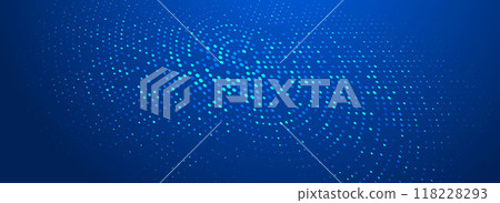 Glowing blue dotted texture. Abstract curved dot grid wallpaper. Circle halftone pattern background. Dark navy backdrop for technology, business, science, healthcare, medicine design. Vector 118228293