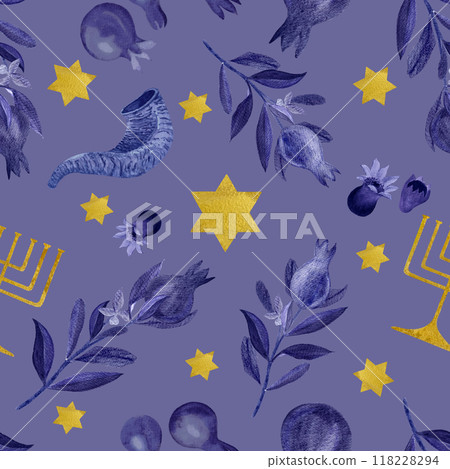 Rosh Hashanah, Hanukkah watercolor seamless pattern on purple background. Festive dark blue gold menorah pomegranates, star shofar elements great for textile, wrapping paper. Jewish tradition clipart 118228294