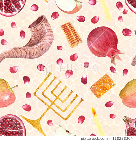 Shofar, apple, pomegranate, menorah hand painted watercolor seamless pattern on honeycomb background. High quality design element for Rosh Hashanah, Yom Kippur wrapping paper, textile, packaging Shofar, apple, pomegranate, menorah hand painted watercolor seamless pattern on honeycomb background. High quality design element for Rosh Hashanah, Yom Kippur wrapping paper, textile, packaging 118228304