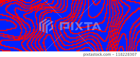 Red and blue dithered curved wavy texture. Pixelated glitch lines background. Digitalized distorted stripes for banner, poster, flyer, booklet. Abstract rasterized overlay wallpaper. Vector 118228307