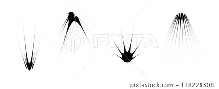 Black thin quirky thorn element set. Abstract sharp shapes and angular sparks bundle. Spooky spokes objects for poster design, flyer, collage, banner, badge, logo, card, icon, label, sticker. Vector 118228308