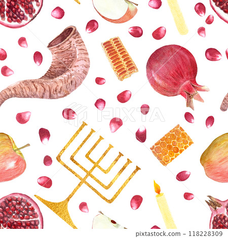 Jewish tradition clip art. Rosh Hashanah, Yom Kippur, Hanukkah hand painted watercolor seamless pattern isolated on white. Perfect for wrapping paper, packaging. Shofar, apple, pomegranate, menorah Jewish tradition clip art. Rosh Hashanah, Yom Kippur, Hanukkah hand painted watercolor seamless pattern isolated on white. Perfect for wrapping paper, packaging. Shofar, apple, pomegranate, menorah 118228309