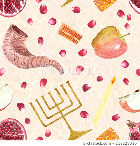 Shofar, apple, pomegranate, menorah hand painted watercolor seamless pattern on honeycomb background. High quality design element for Rosh Hashanah, Yom Kippur wrapping paper, textile, packaging 118228310