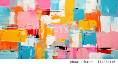 Abstract vibrant thick brush strokes vivid color palette background texture pattern wallpaper. Highly textured, bright, colorful art 118228456