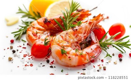 Shrimp with spices and lemon. Cooking recipe concept isolated on a white background 118228551