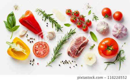 Paprika, pepper, raw meat, tomatoes, garlic and spices. Raw cooking ingredients recipe concept isolated on a white background Paprika, pepper, raw meat, tomatoes, garlic and spices. Raw cooking ingredients recipe concept isolated on a white background 118228552
