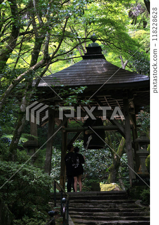 A couple visiting a shrine amid the fresh greenery A couple visiting a shrine amid the fresh greenery 118228628