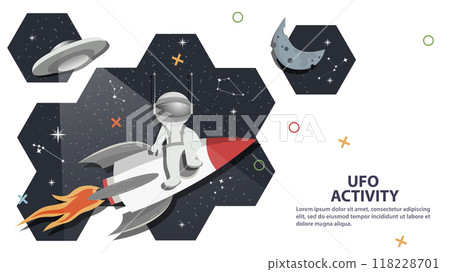 A UFO flies past an astronaut sitting on a rocket against the background of space in the form of honeycombs flat childrens doodles 118228701