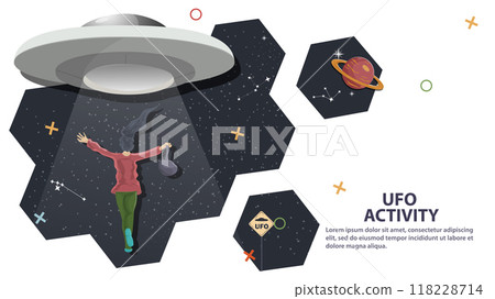 Ufo kidnaps a girl in green pants against the background of space in the form of honeycombs flat childrens doodles Ufo kidnaps a girl in green pants against the background of space in the form of honeycombs flat childrens doodles 118228714