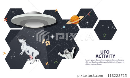 UFO kidnaps an animal cow against the background of space in the form of honeycombs flat childrens doodles UFO kidnaps an animal cow against the background of space in the form of honeycombs flat childrens doodles 118228715