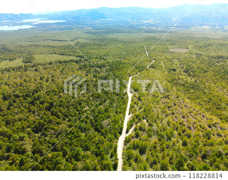 Aerial view of the Komagatake mountain trail in Mori Town, Hokkaido in early autumn 118228814