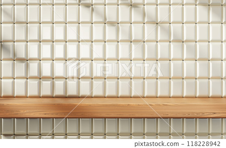 3d wood shelf on pastel beige wall with square tile pattern render. Kitchen or bathroom interior with wooden table top, light and window shadow. Brown board podium for product display. 3D illustration 118228942