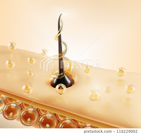 Hair care 3d render background. Skin scalp structure with cell epidermis layer and follicle. Keratin repair, shampoo nourish, gold oil drops with liquid swirl, treatment or transplant. 3D illustration 118229002