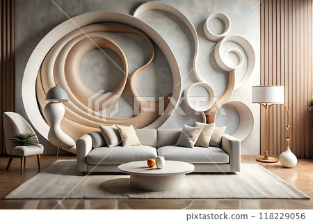 Earth tones wall art, modern gray sofa, sculptural coffee table, soft lighting 118229056