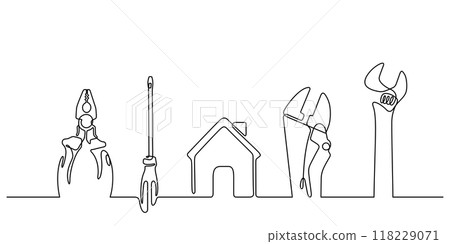 working tools craftsman top view continuous line drawing 118229071