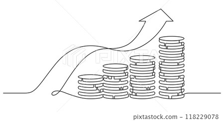 coins stack flowing growth chart arrow one line drawing 118229078