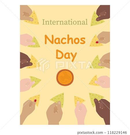 International Nachos Day People hands different races hold spinach and corn tortilla chips around 118229146
