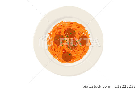 Spaghetti with meatballs served on a plate 118229235