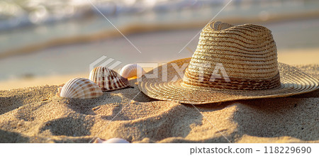 Summer straw hat, sea shells on beach sand. Vacation, leisure, Sunbathing and relaxing concept 118229690