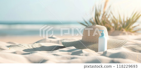 Summer straw hat and sunscreen cream lotion, beach sand. Sunbathing, skincare, UV rays sun protection, vacation, leisure near the sea concept 118229693