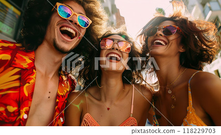 Young diverse group of friends smiling, friendship, summer vacation travel, happy vibes, lifestyle valuable experiences, bonding, social activity 118229703