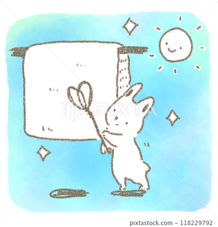 An illustration of a cute rabbit holding a futon beater and drying out a futon in the sun 118229792