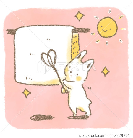 一隻可愛的兔子在陽光下用蒲團拍打烘乾蒲團的插圖 118229795