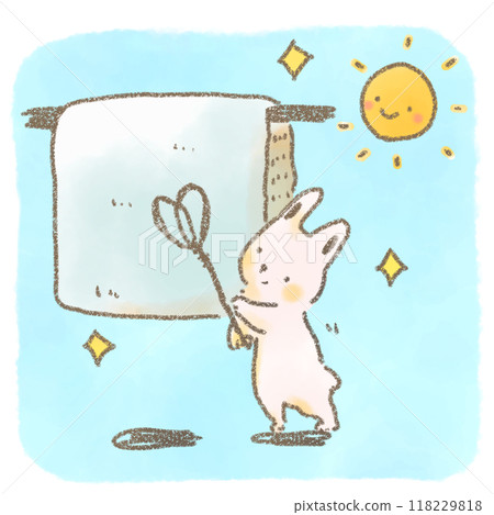 An illustration of a cute rabbit holding a futon beater and drying out a futon in the sun 118229818