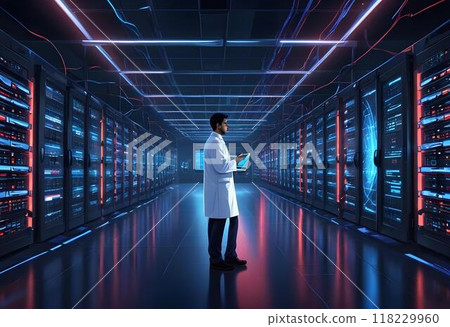 Scientist Contemplating Data Servers in a Modern Facility Generated by AI 118229960